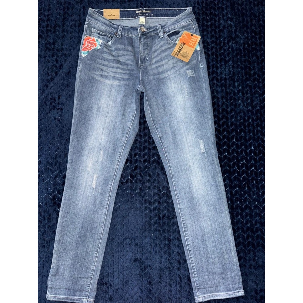 Ruff Hewn Embroidered Rose Jeans‎ Distressed Denim True Crop Size 6